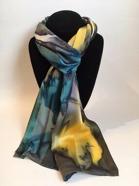 Hand Painted Silk Scarf Denim Blue Yellow Charcoal White Womens Rectangle New
